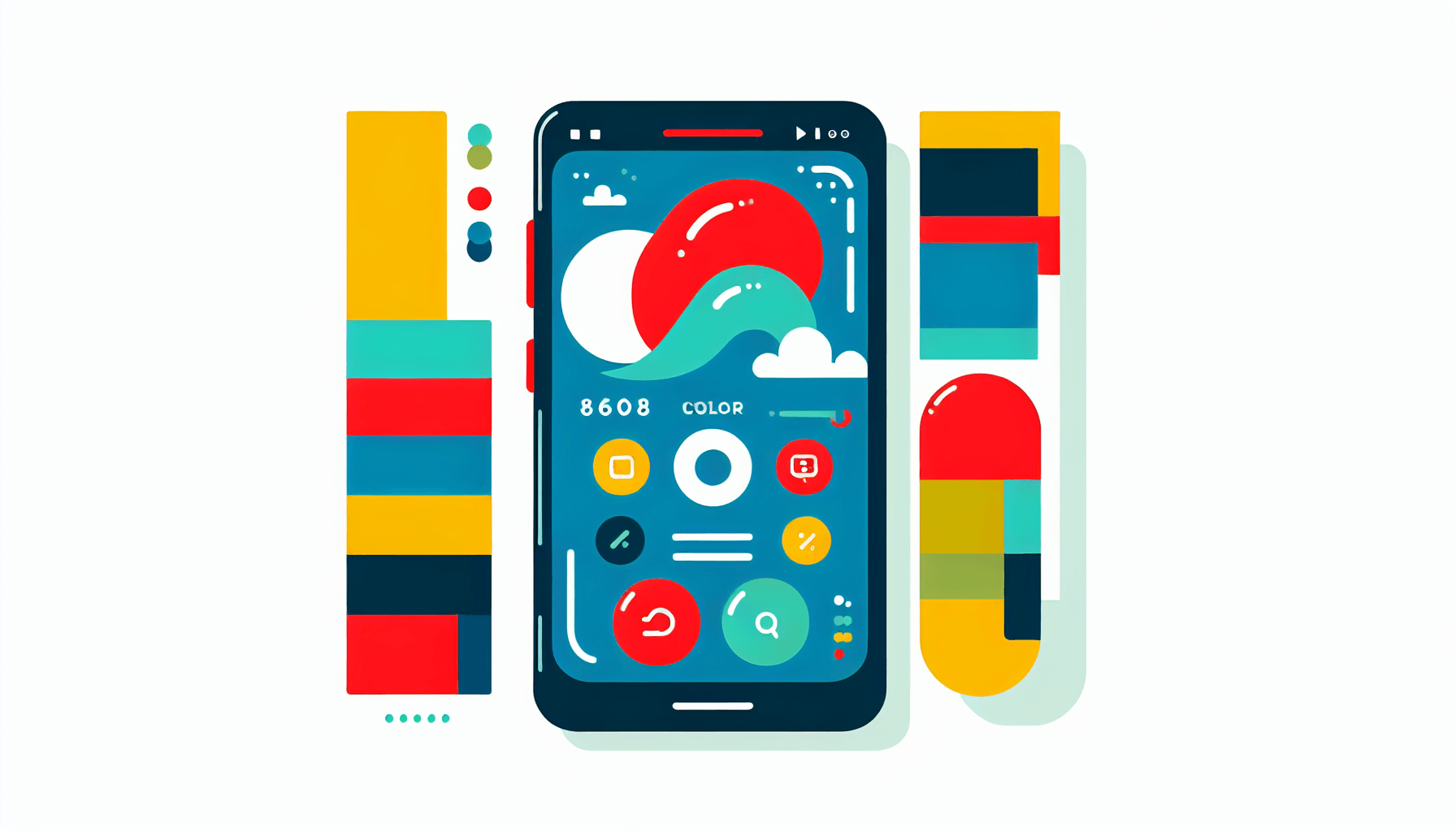 Smartphone in flat illustration style and white background, red #f47574, green #88c7a8, yellow #fcc44b, and blue #645bc8 colors.