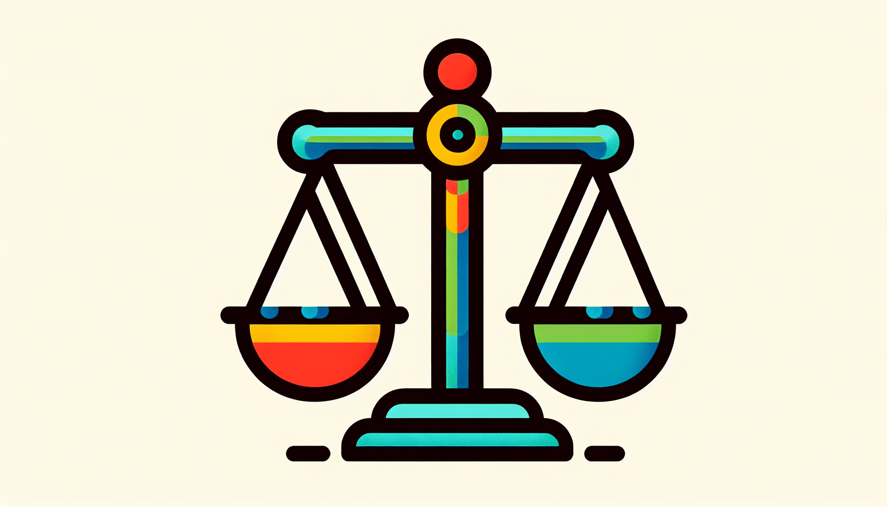 Balance scale in flat illustration style and white background, red #f47574, green #88c7a8, yellow #fcc44b, and blue #645bc8 colors.