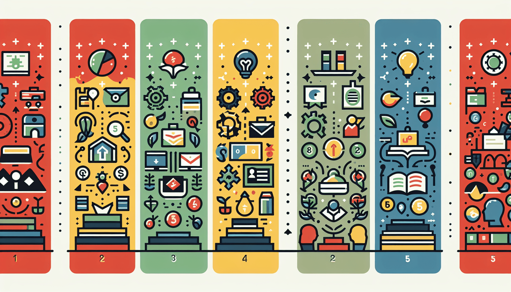 What are the 5 steps of entrepreneurial success? in flat illustration style and white background, red #f47574, green #88c7a8, yellow #fcc44b, and blue #645bc8 colors.
