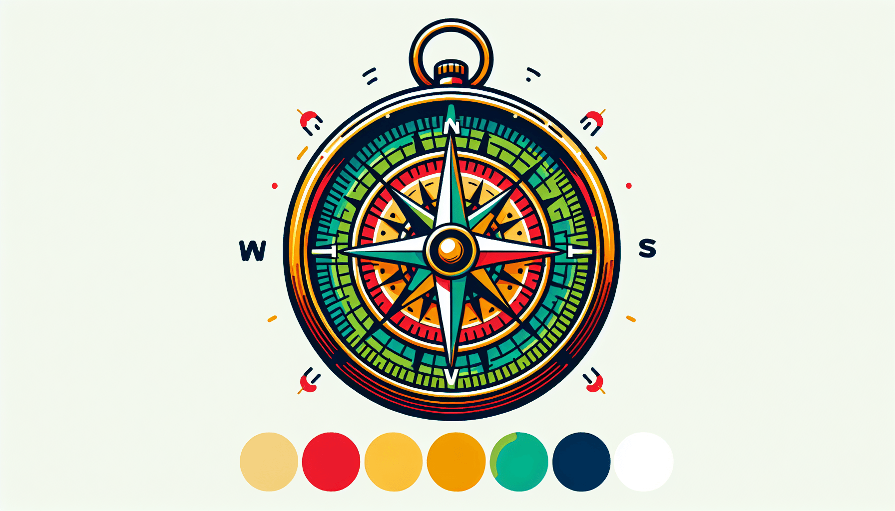 Compass in flat illustration style and white background, red #f47574, green #88c7a8, yellow #fcc44b, and blue #645bc8 colors.