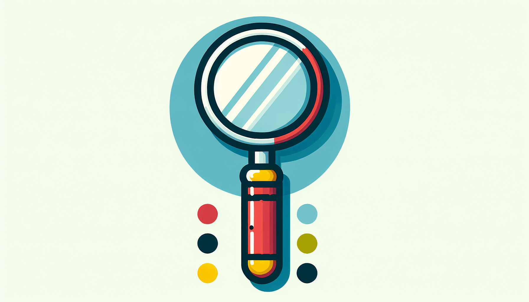 Magnifying glass in flat illustration style and white background, red #f47574, green #88c7a8, yellow #fcc44b, and blue #645bc8 colors.