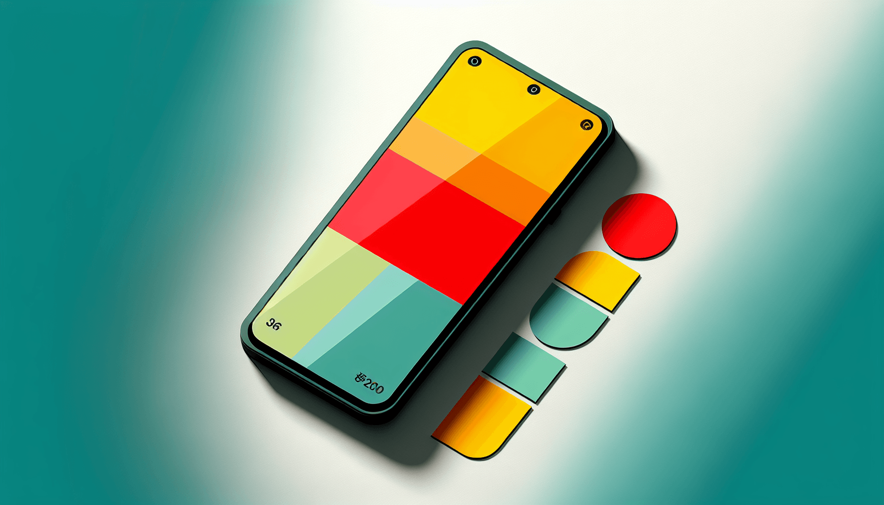 Smartphone in flat illustration style and white background, red #f47574, green #88c7a8, yellow #fcc44b, and blue #645bc8 colors.