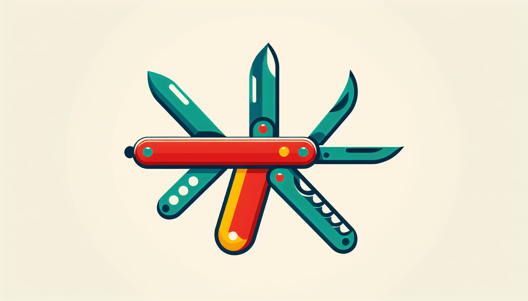 Swiss knife in flat illustration style and white background, red #f47574, green #88c7a8, yellow #fcc44b, and blue #645bc8 colors.