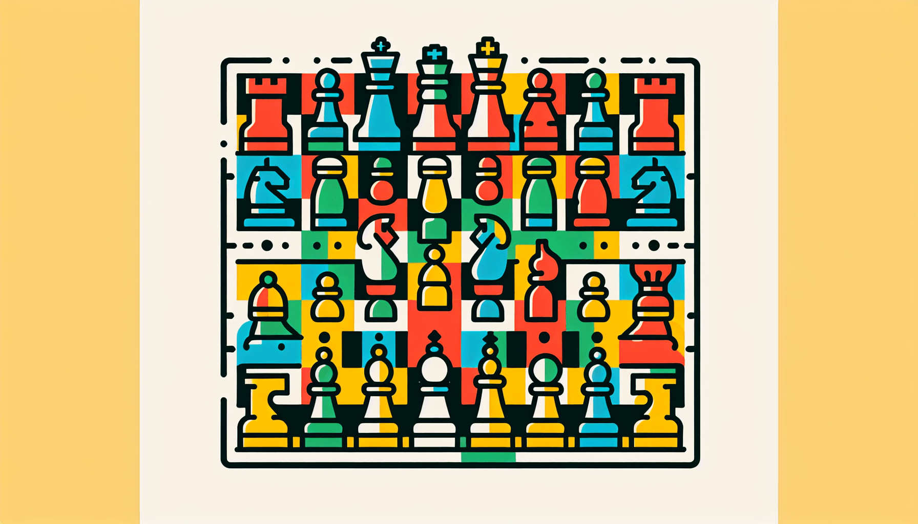 Chess board in flat illustration style and white background, red #f47574, green #88c7a8, yellow #fcc44b, and blue #645bc8 colors.