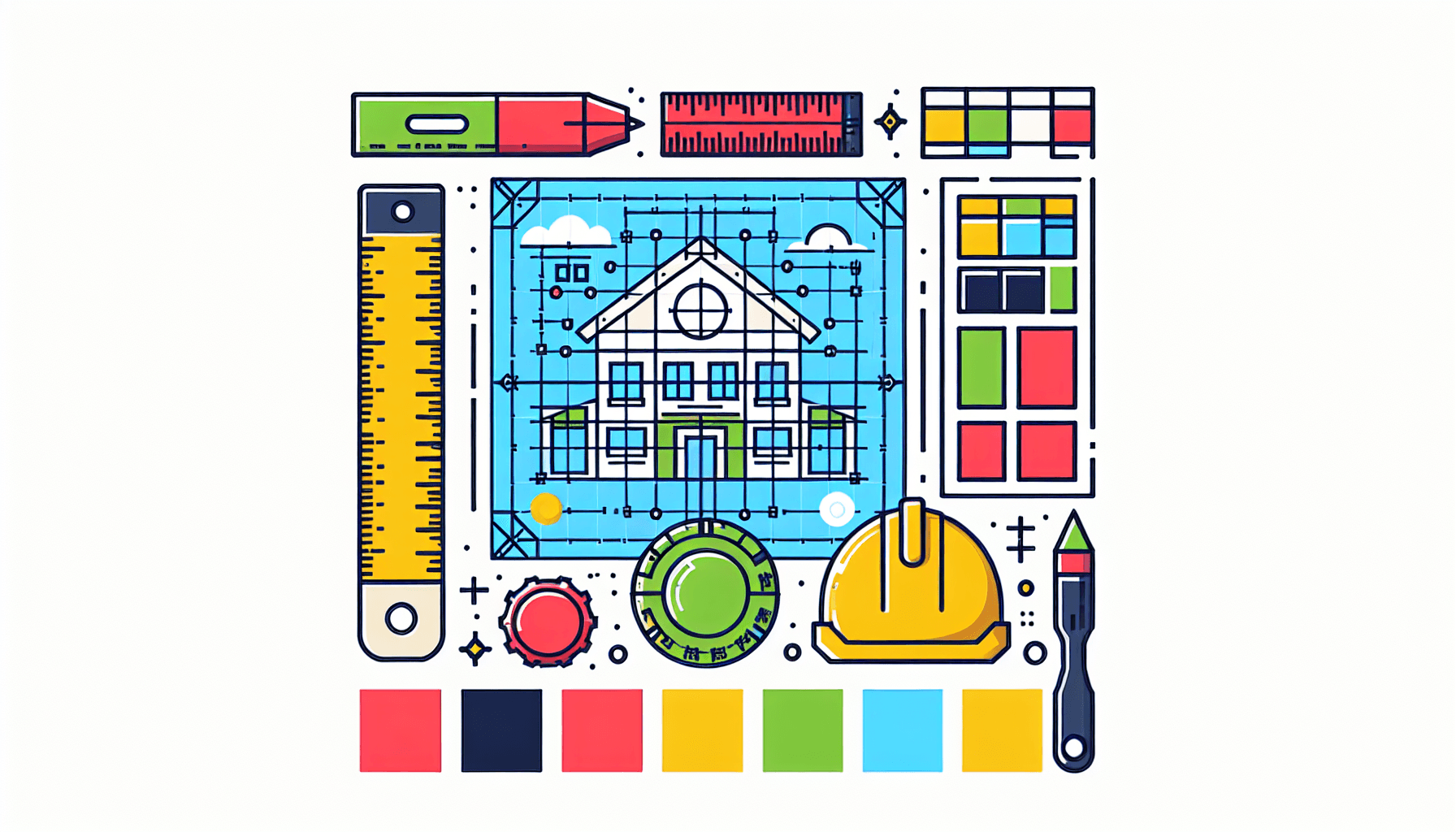 Blueprint in flat illustration style and white background, red #f47574, green #88c7a8, yellow #fcc44b, and blue #645bc8 colors.