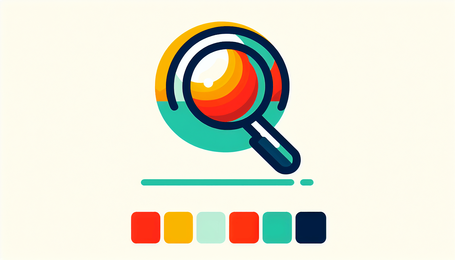 Magnifying glass in flat illustration style and white background, red #f47574, green #88c7a8, yellow #fcc44b, and blue #645bc8 colors.