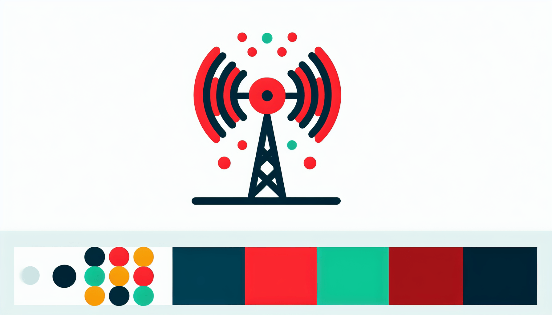 Antenna in flat illustration style and white background, red #f47574, green #88c7a8, yellow #fcc44b, and blue #645bc8 colors.