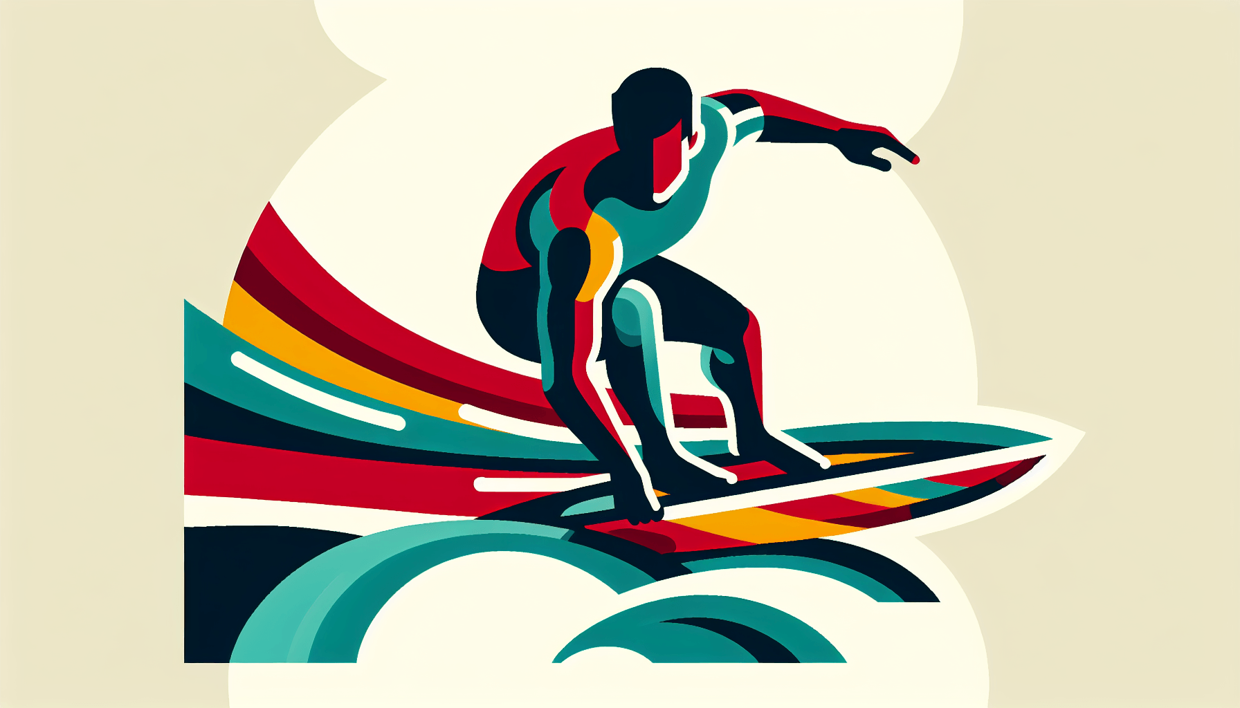Surfer in flat illustration style and white background, red #f47574, green #88c7a8, yellow #fcc44b, and blue #645bc8 colors.
