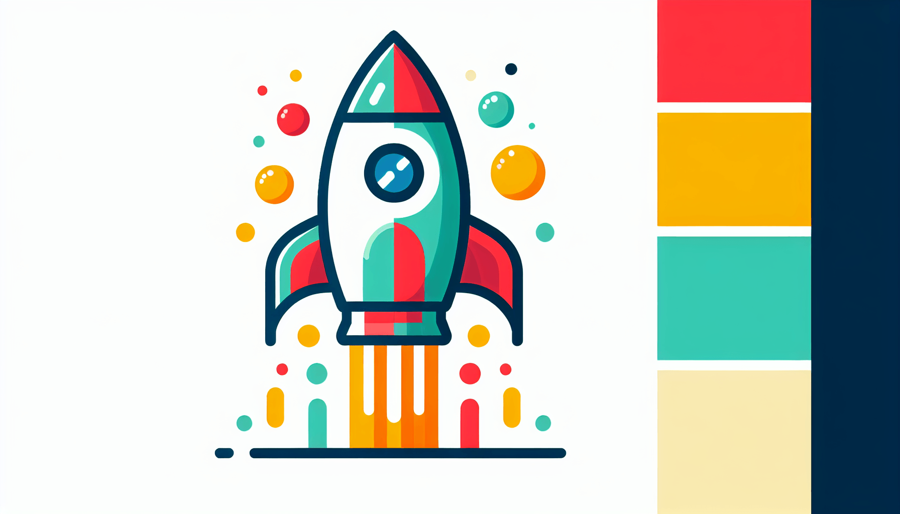 Rocket in flat illustration style and white background, red #f47574, green #88c7a8, yellow #fcc44b, and blue #645bc8 colors.