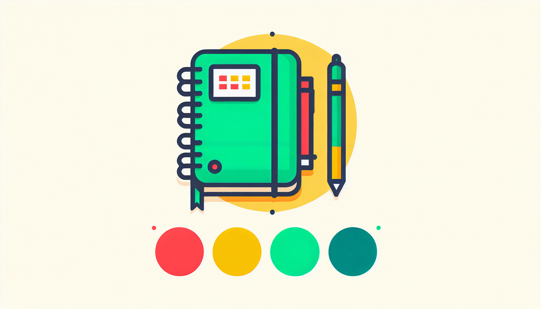 Notebook in flat illustration style and white background, red #f47574, green #88c7a8, yellow #fcc44b, and blue #645bc8 colors.