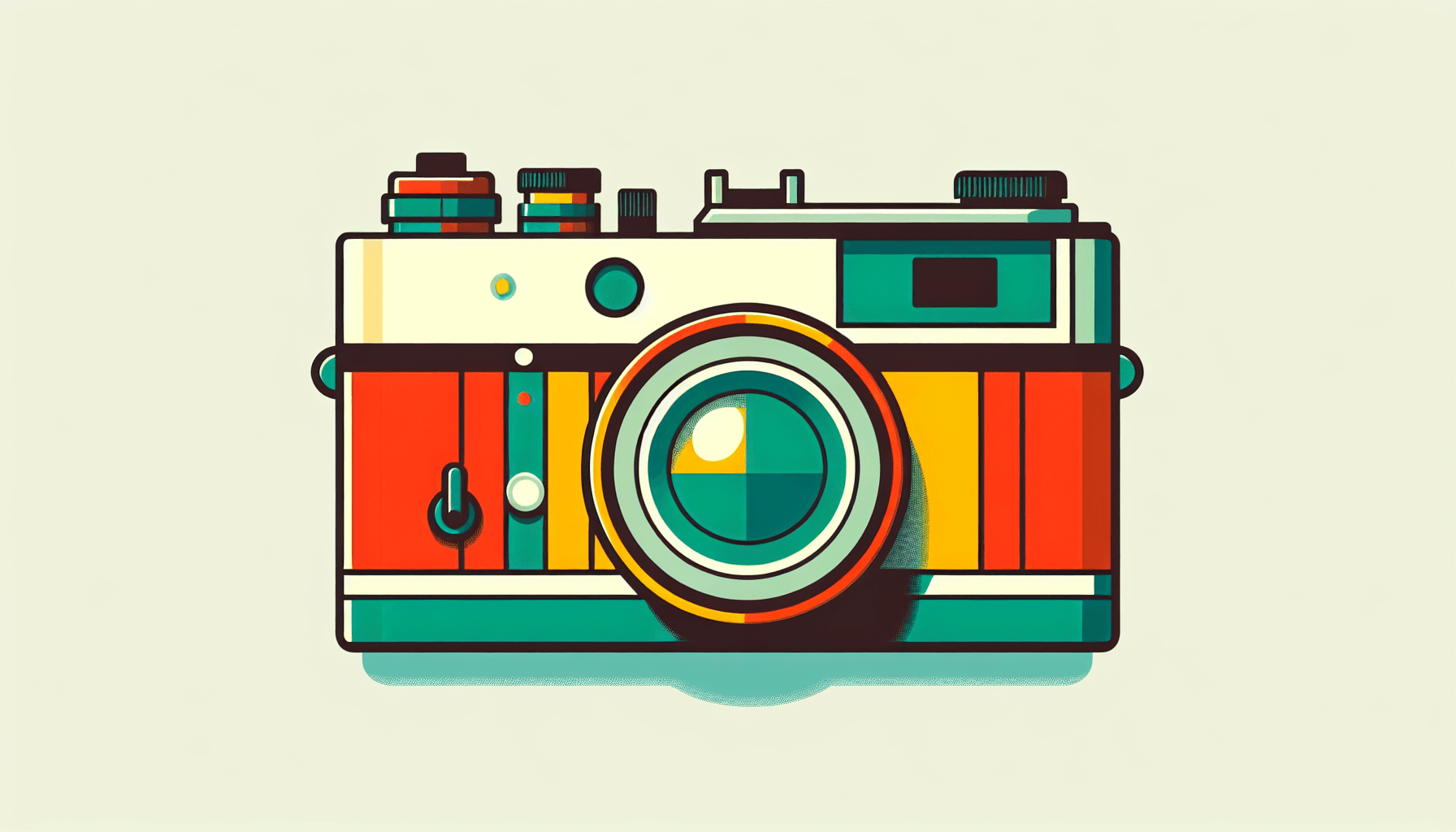 Camera in flat illustration style and white background, red #f47574, green #88c7a8, yellow #fcc44b, and blue #645bc8 colors.
