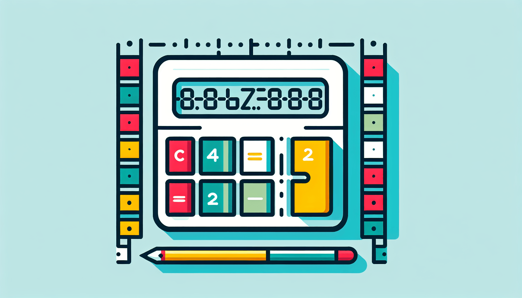 Calculator in flat illustration style and white background, red #f47574, green #88c7a8, yellow #fcc44b, and blue #645bc8 colors.