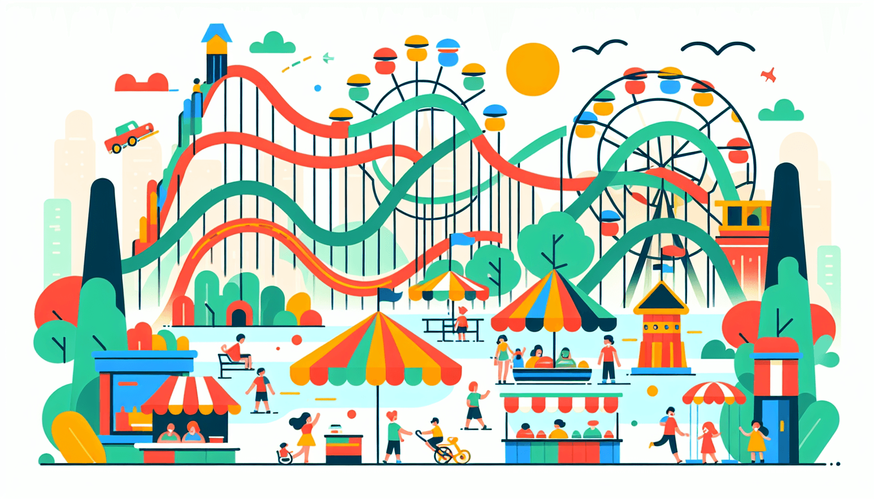 Theme park in flat illustration style and white background, red #f47574, green #88c7a8, yellow #fcc44b, and blue #645bc8 colors.