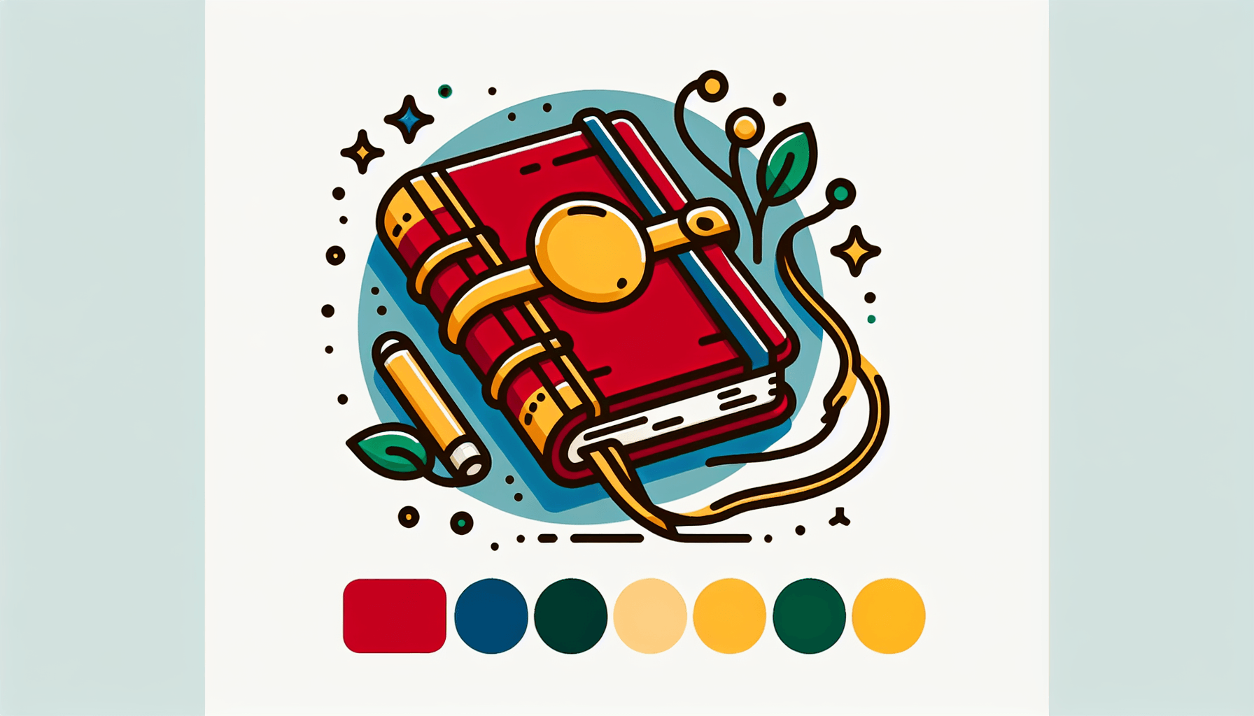 Journal in flat illustration style and white background, red #f47574, green #88c7a8, yellow #fcc44b, and blue #645bc8 colors.