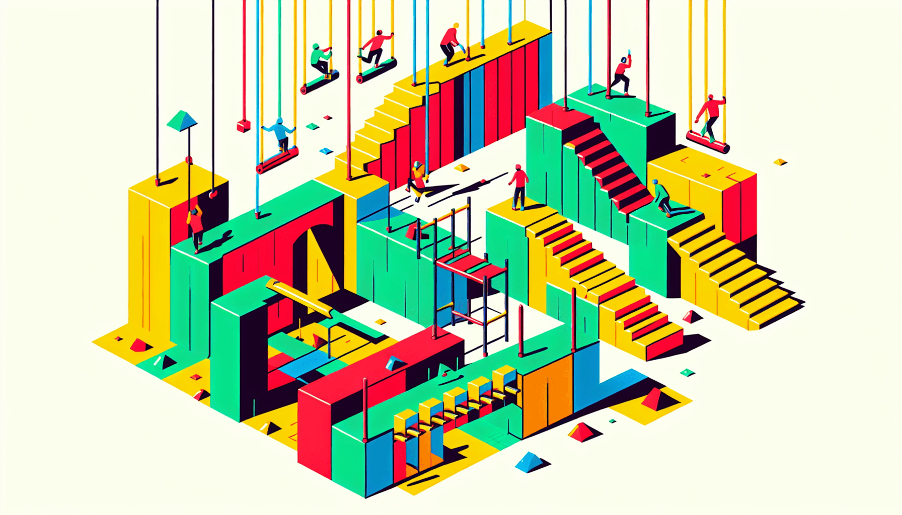 Obstacle course in flat illustration style and white background, red #f47574, green #88c7a8, yellow #fcc44b, and blue #645bc8 colors.