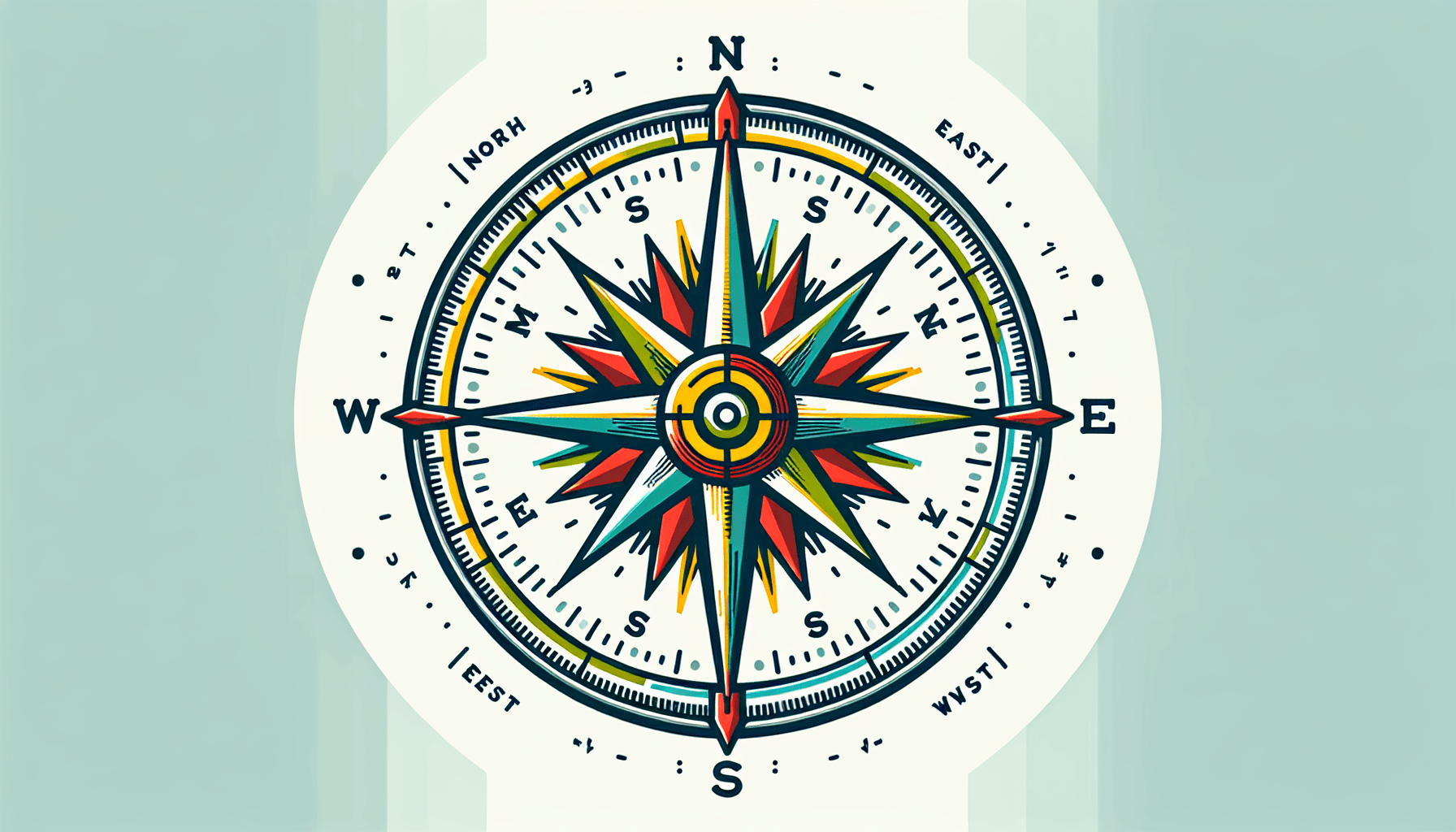 Compass in flat illustration style and white background, red #f47574, green #88c7a8, yellow #fcc44b, and blue #645bc8 colors.