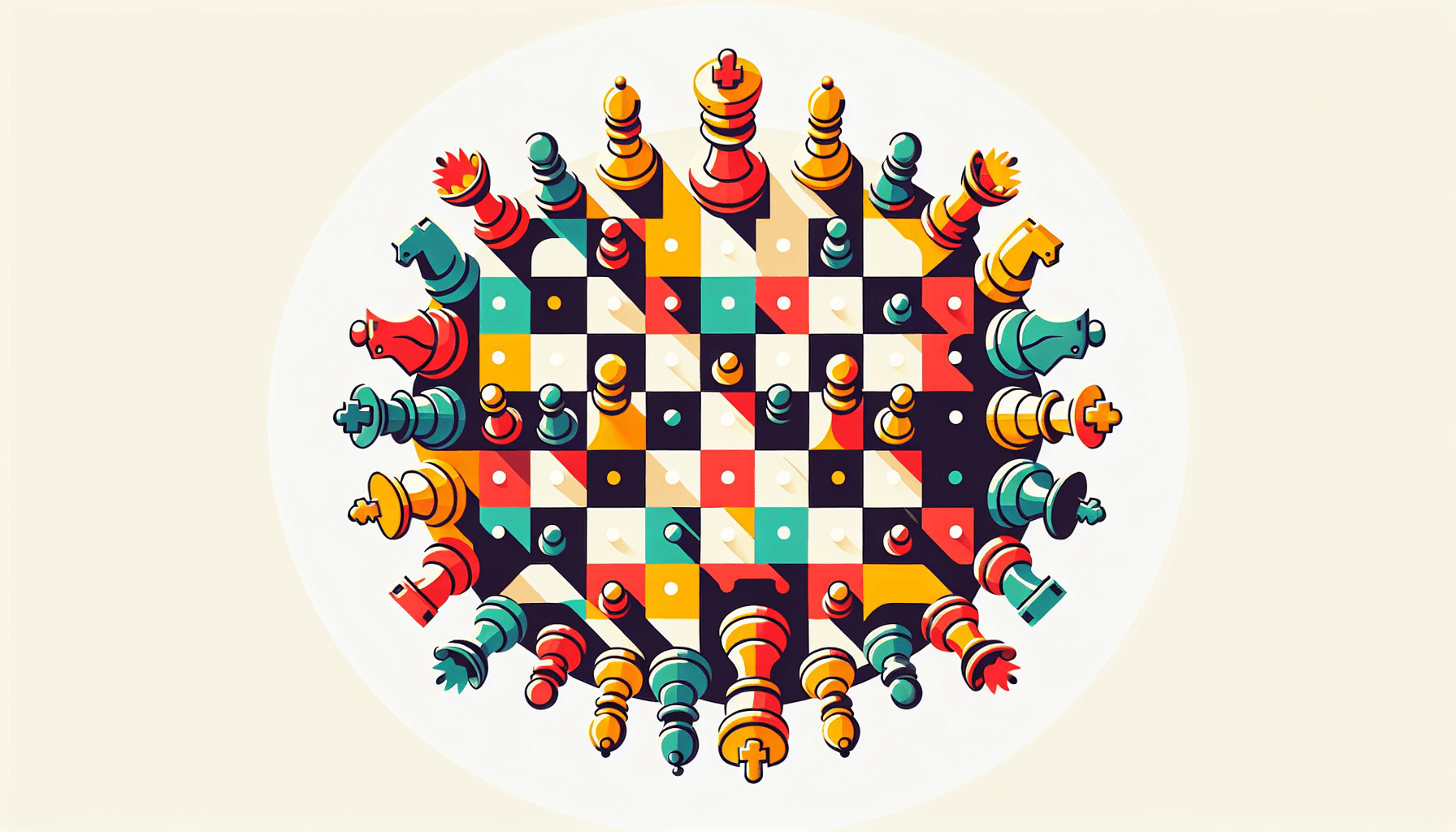 Chessboard in flat illustration style and white background, red #f47574, green #88c7a8, yellow #fcc44b, and blue #645bc8 colors.