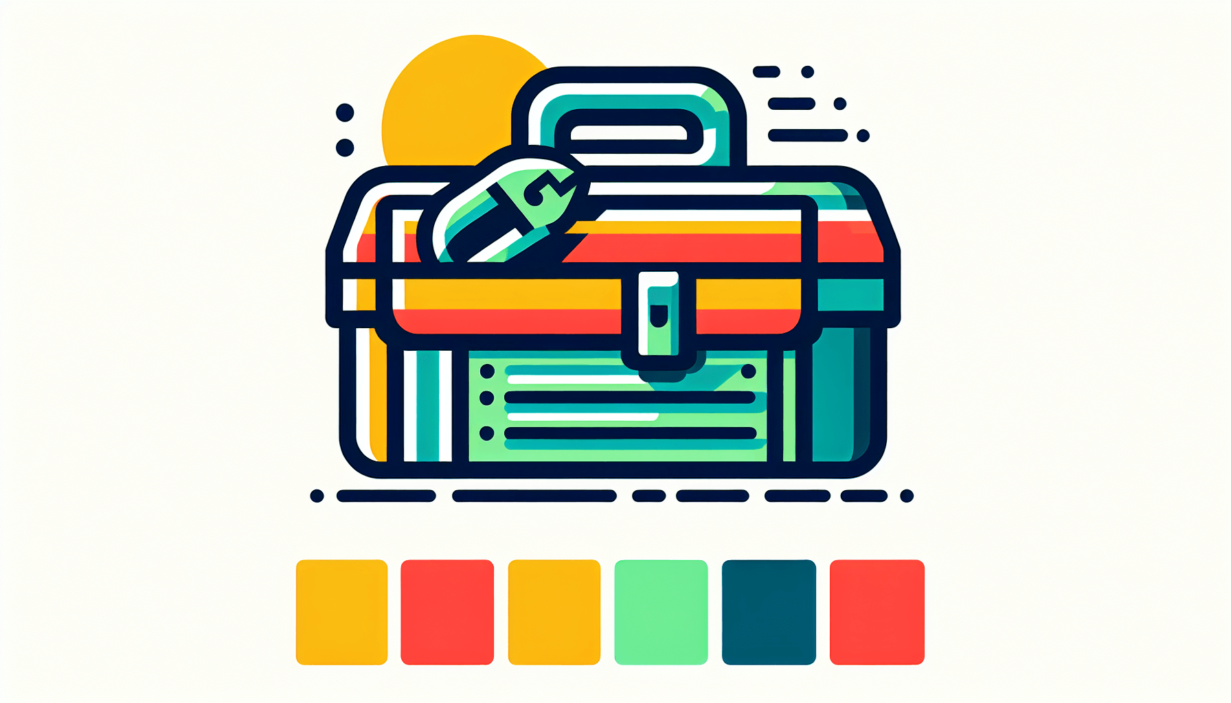 Toolbox in flat illustration style and white background, red #f47574, green #88c7a8, yellow #fcc44b, and blue #645bc8 colors.