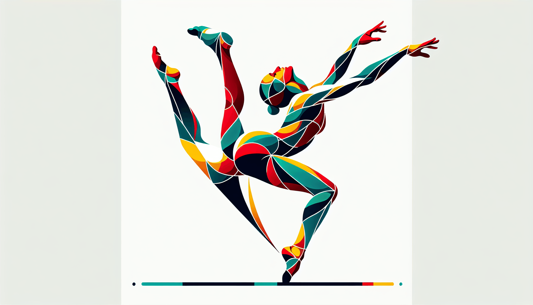 Gymnast in flat illustration style and white background, red #f47574, green #88c7a8, yellow #fcc44b, and blue #645bc8 colors.