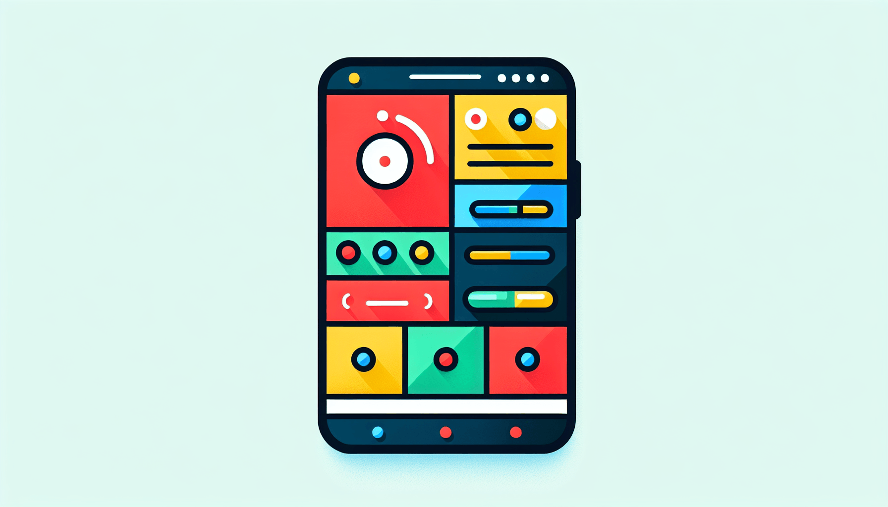 Smartphone app in flat illustration style and white background, red #f47574, green #88c7a8, yellow #fcc44b, and blue #645bc8 colors.