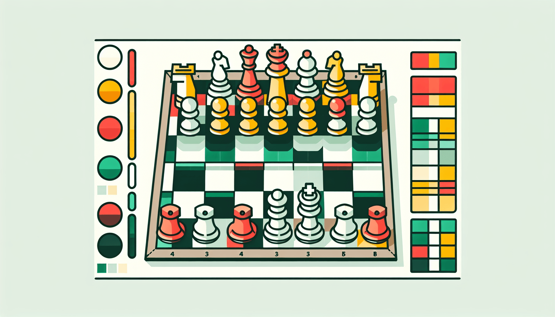 Chessboard in flat illustration style and white background, red #f47574, green #88c7a8, yellow #fcc44b, and blue #645bc8 colors.