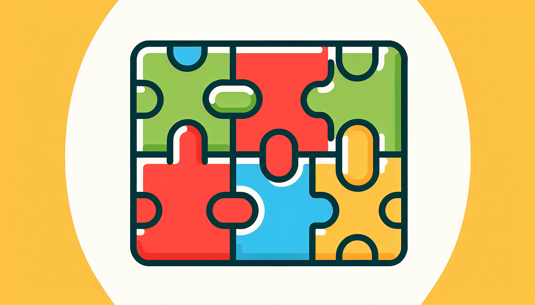 Puzzle in flat illustration style and white background, red #f47574, green #88c7a8, yellow #fcc44b, and blue #645bc8 colors.