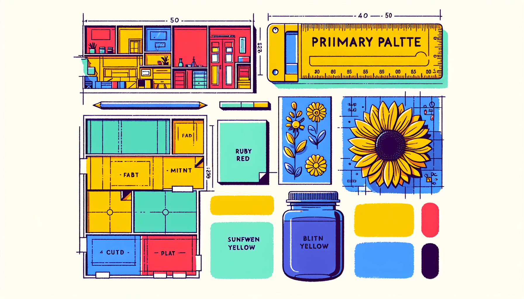 Blueprint in flat illustration style and white background, red #f47574, green #88c7a8, yellow #fcc44b, and blue #645bc8 colors.