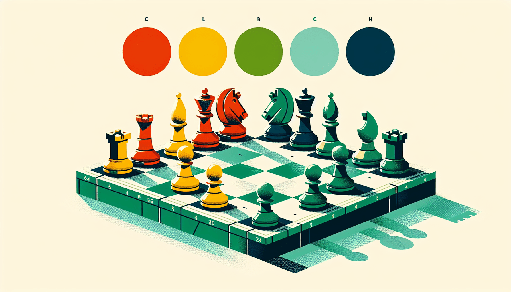 Chessboard in flat illustration style and white background, red #f47574, green #88c7a8, yellow #fcc44b, and blue #645bc8 colors.