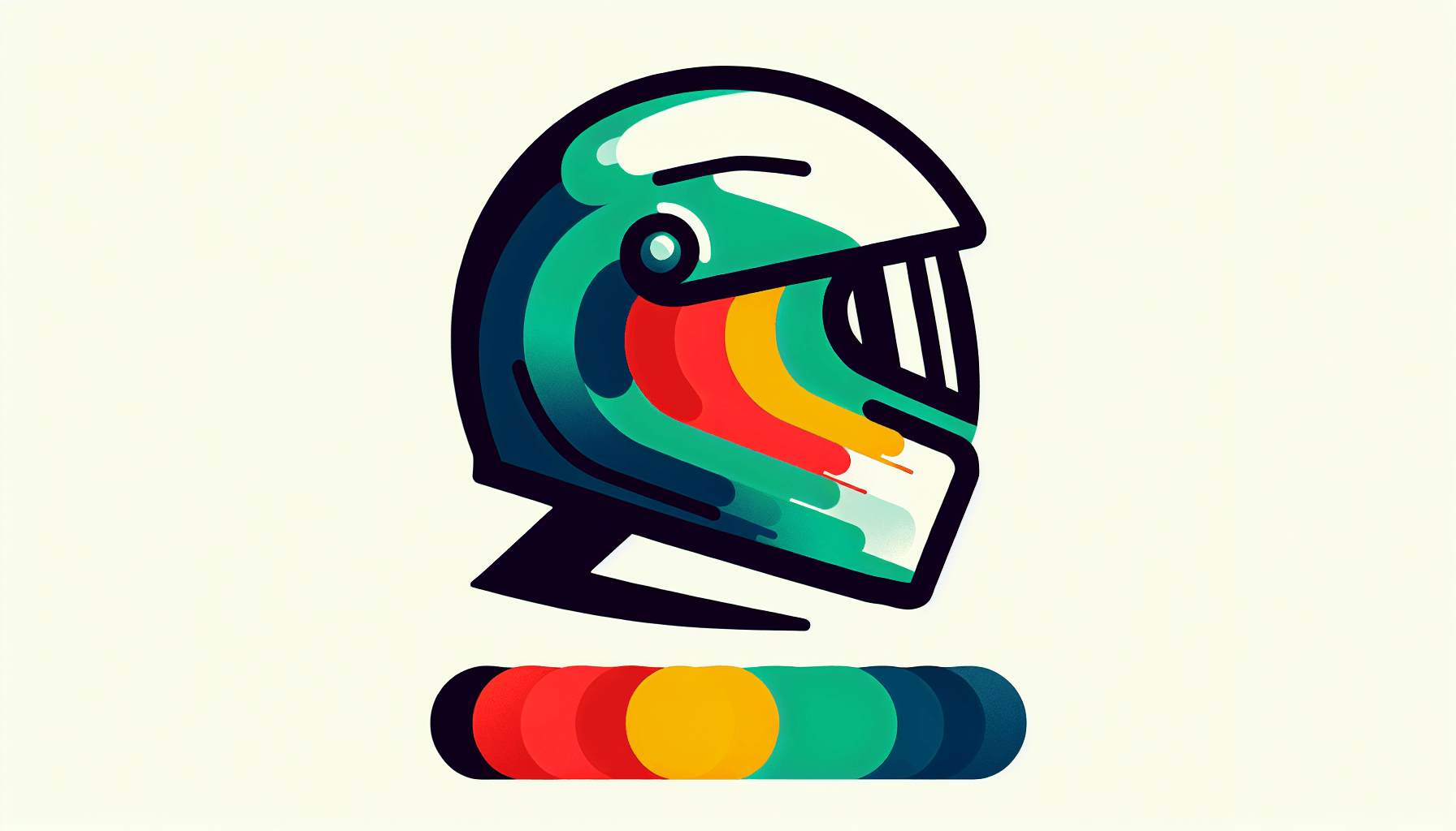 Helmet in flat illustration style and white background, red #f47574, green #88c7a8, yellow #fcc44b, and blue #645bc8 colors.