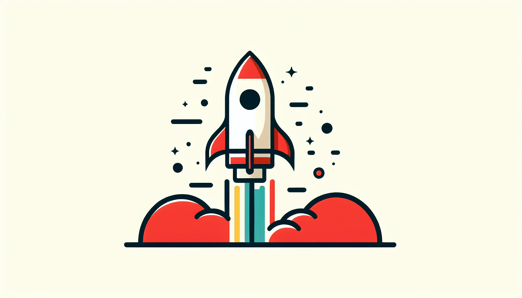 Rocket in flat illustration style and white background, red #f47574, green #88c7a8, yellow #fcc44b, and blue #645bc8 colors.