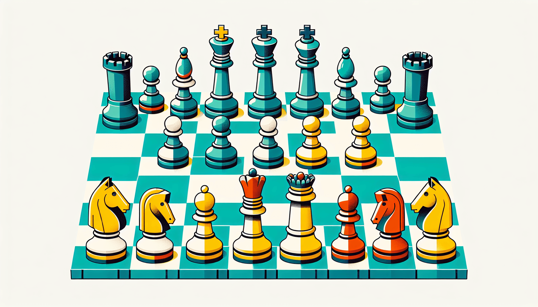 Chessboard in flat illustration style and white background, red #f47574, green #88c7a8, yellow #fcc44b, and blue #645bc8 colors.