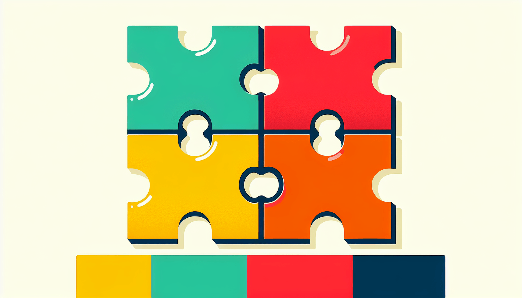 Puzzle in flat illustration style and white background, red #f47574, green #88c7a8, yellow #fcc44b, and blue #645bc8 colors.