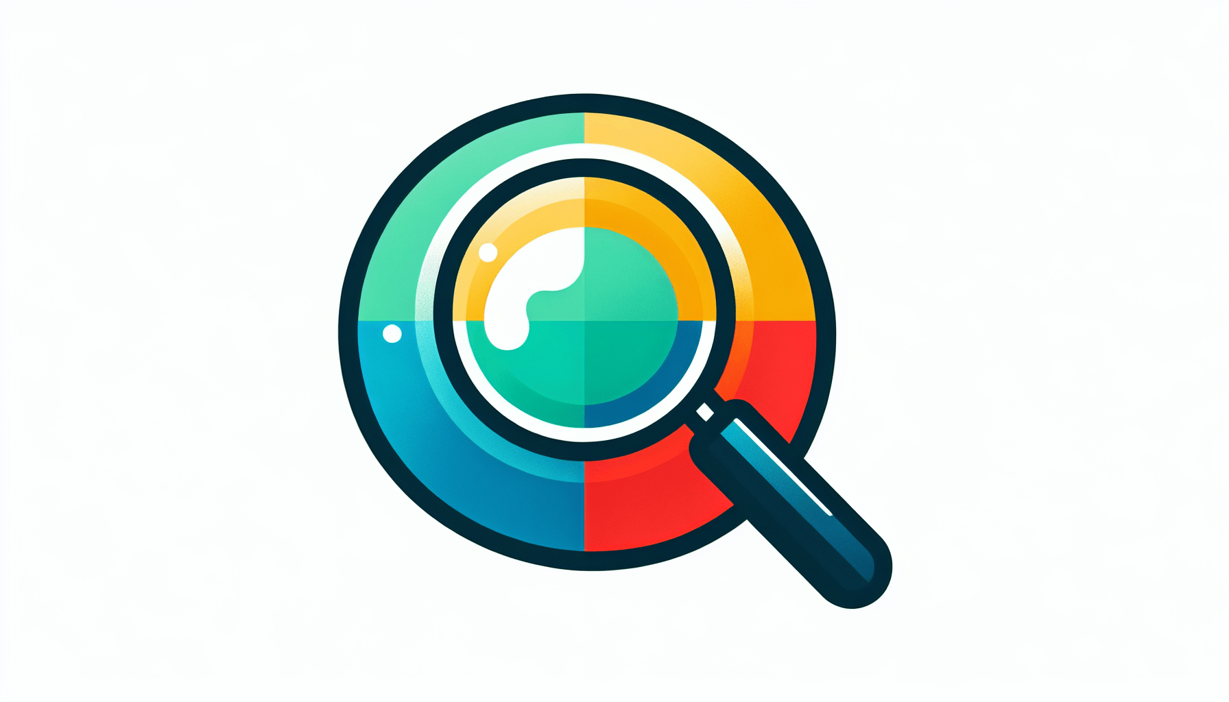 Magnifying glass in flat illustration style and white background, red #f47574, green #88c7a8, yellow #fcc44b, and blue #645bc8 colors.