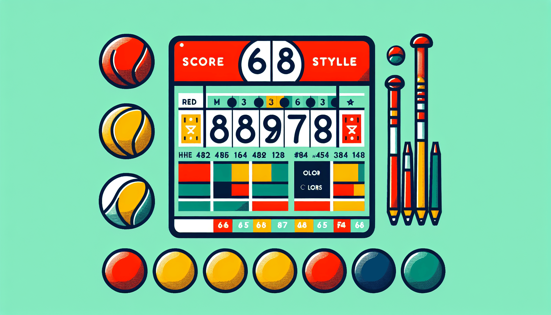 Scorecard in flat illustration style and white background, red #f47574, green #88c7a8, yellow #fcc44b, and blue #645bc8 colors.