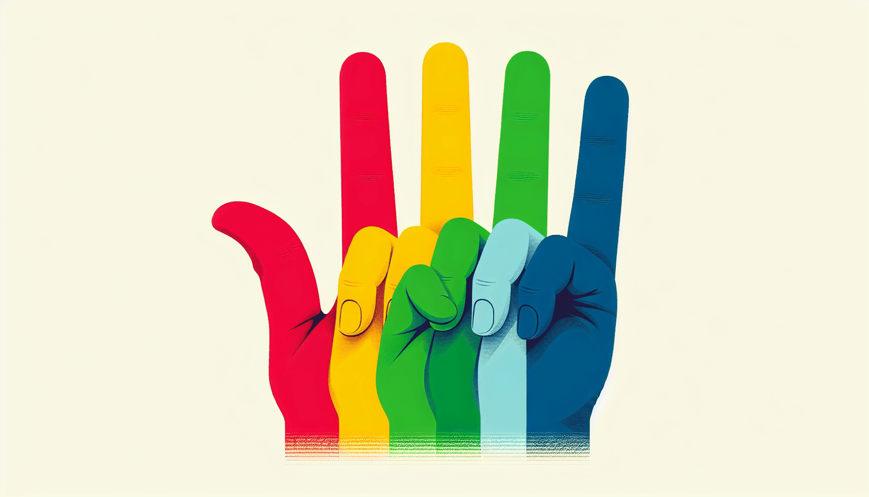 Five fingers in flat illustration style and white background, red #f47574, green #88c7a8, yellow #fcc44b, and blue #645bc8 colors.