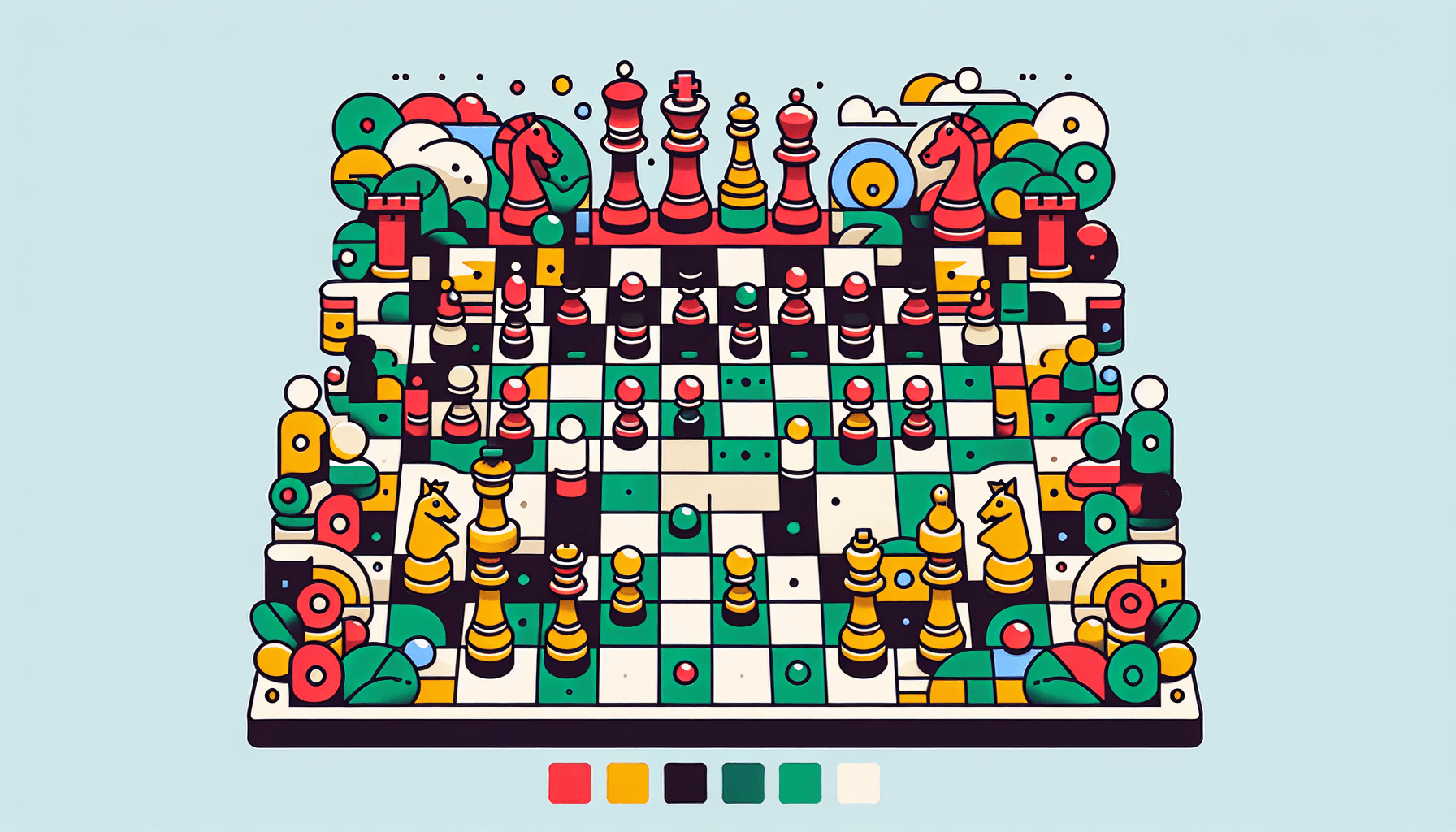 Chessboard in flat illustration style and white background, red #f47574, green #88c7a8, yellow #fcc44b, and blue #645bc8 colors.