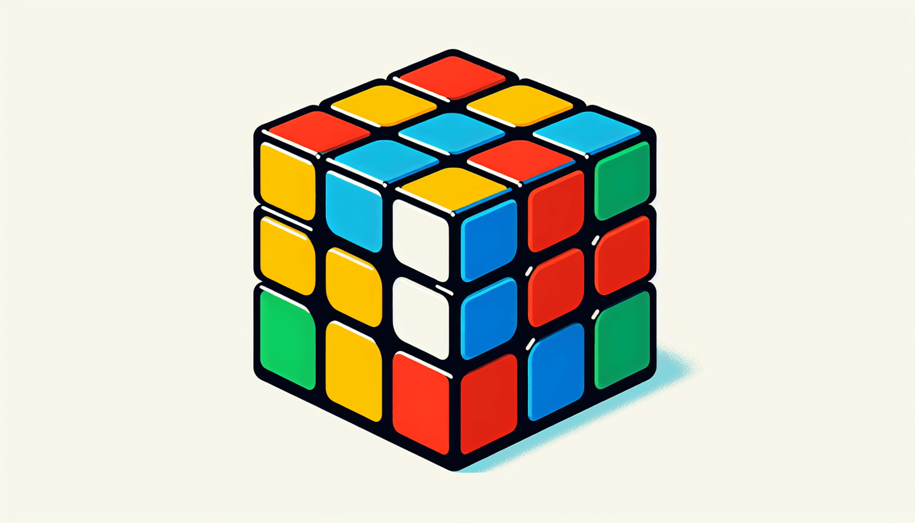 Rubik's cube in flat illustration style and white background, red #f47574, green #88c7a8, yellow #fcc44b, and blue #645bc8 colors.