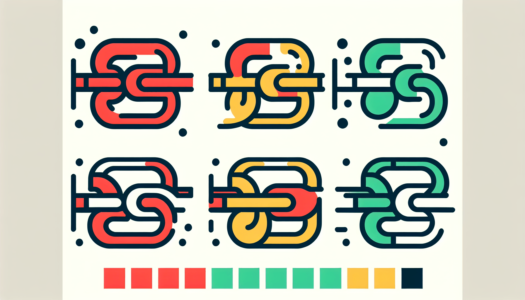 Chain links in flat illustration style and white background, red #f47574, green #88c7a8, yellow #fcc44b, and blue #645bc8 colors.