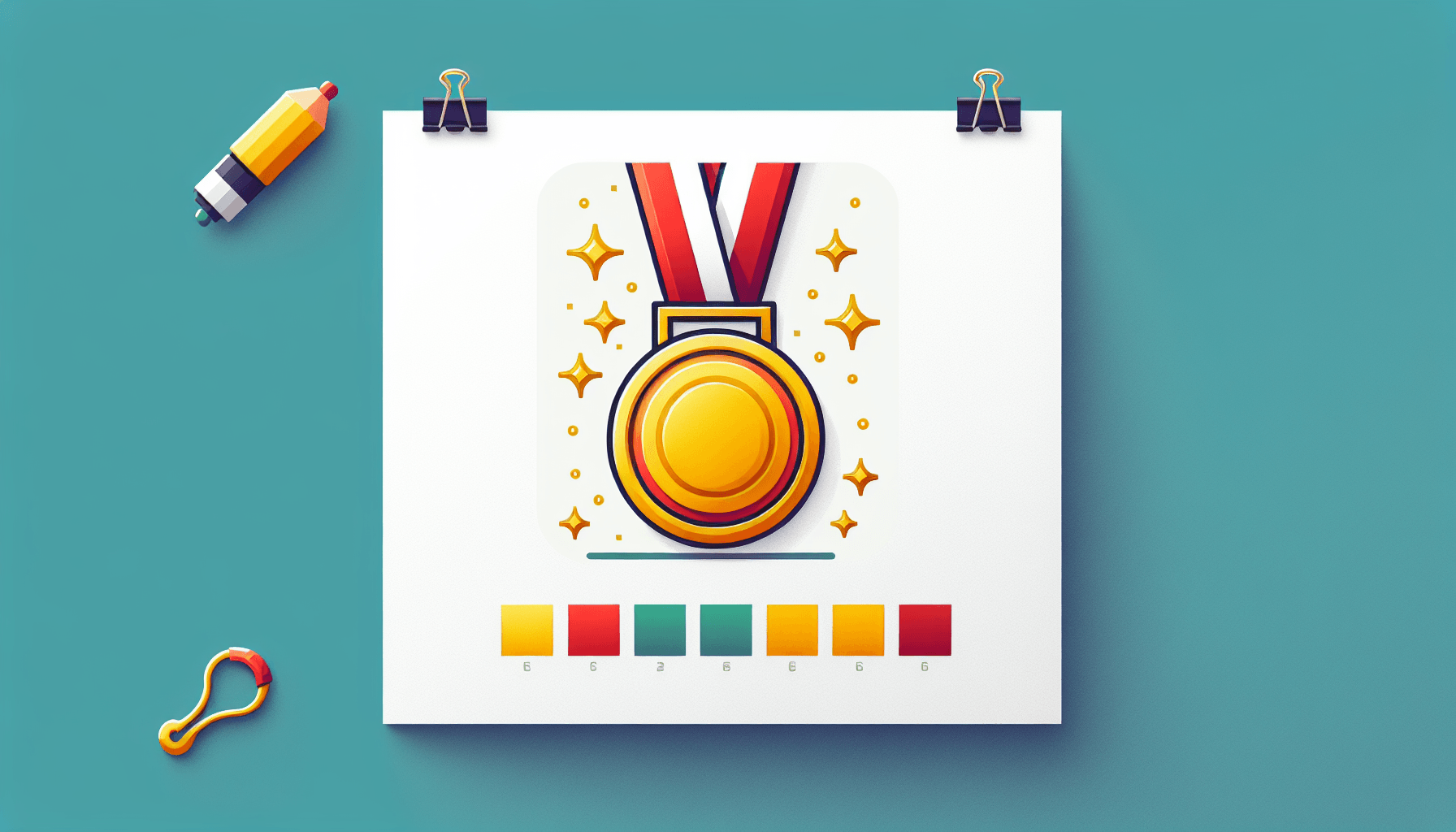Gold medal in flat illustration style and white background, red #f47574, green #88c7a8, yellow #fcc44b, and blue #645bc8 colors.