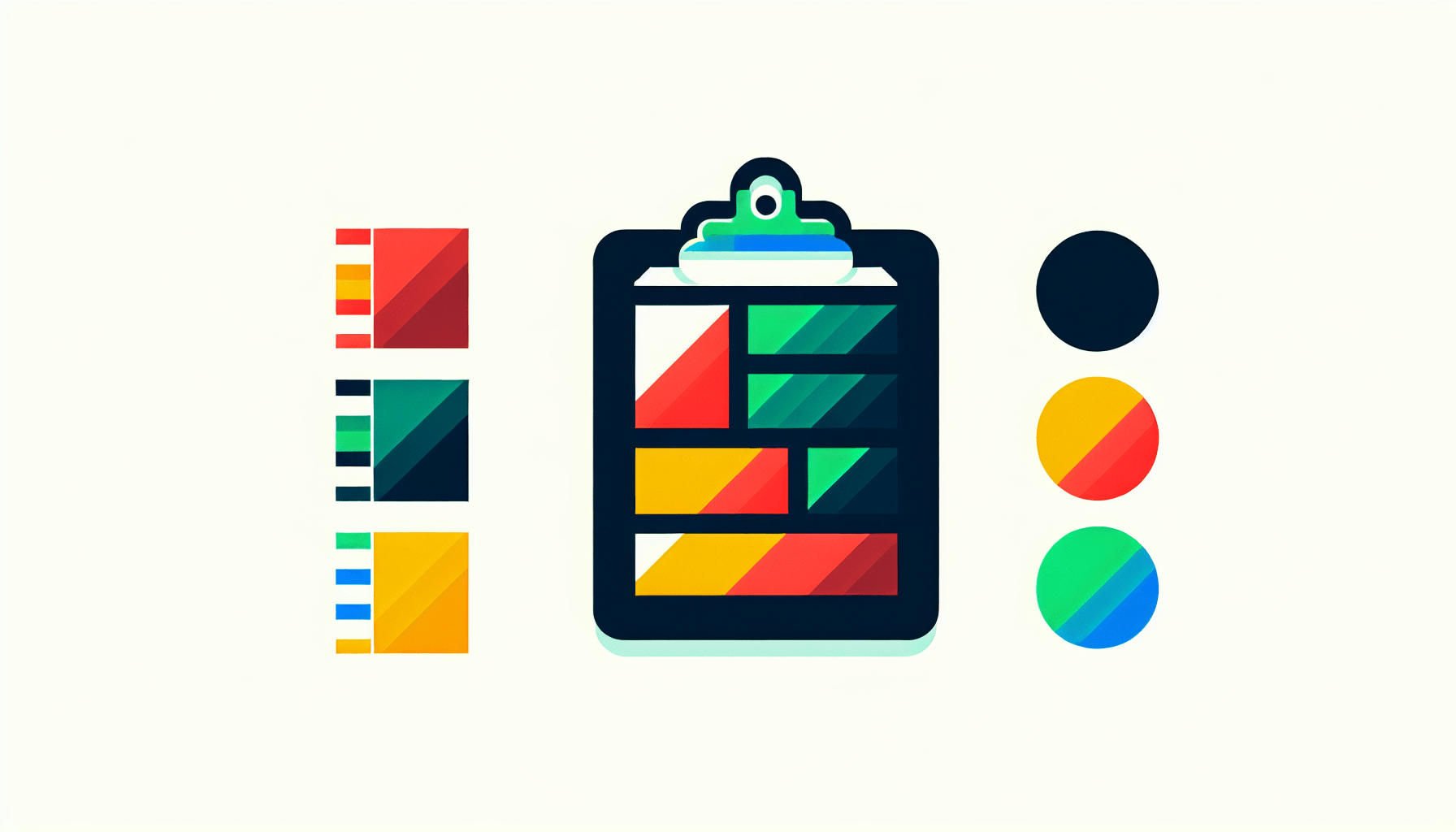 Clipboard in flat illustration style and white background, red #f47574, green #88c7a8, yellow #fcc44b, and blue #645bc8 colors.