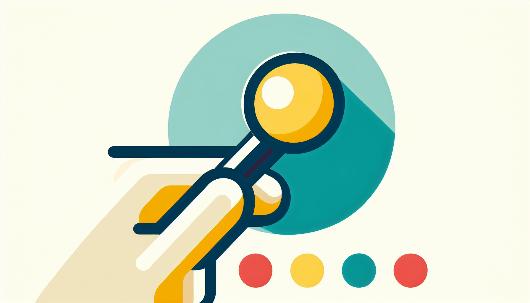 Magnifying Glass in flat illustration style and white background, red #f47574, green #88c7a8, yellow #fcc44b, and blue #645bc8 colors.