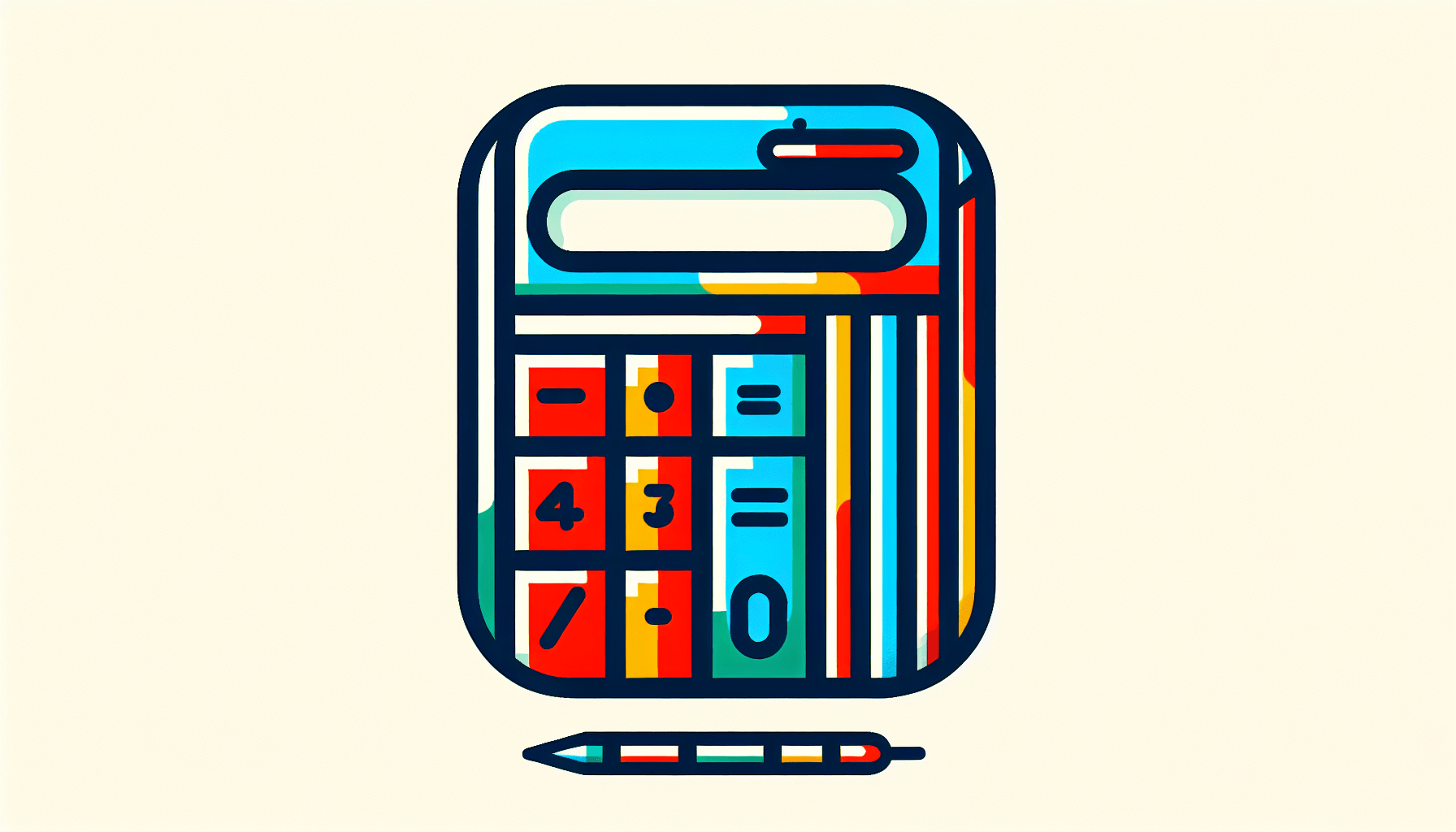 Calculator in flat illustration style and white background, red #f47574, green #88c7a8, yellow #fcc44b, and blue #645bc8 colors.