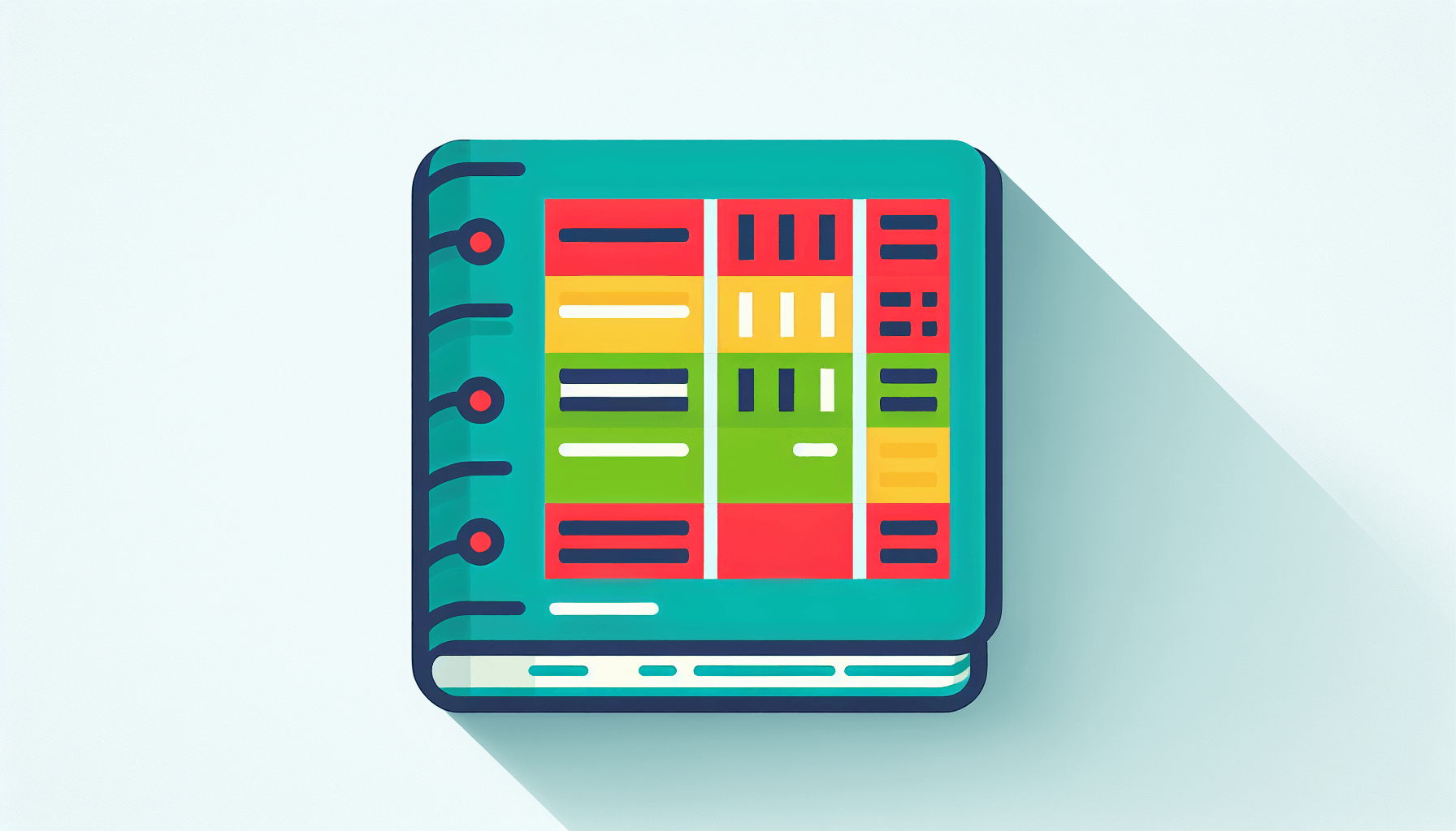 Ledger in flat illustration style and white background, red #f47574, green #88c7a8, yellow #fcc44b, and blue #645bc8 colors.