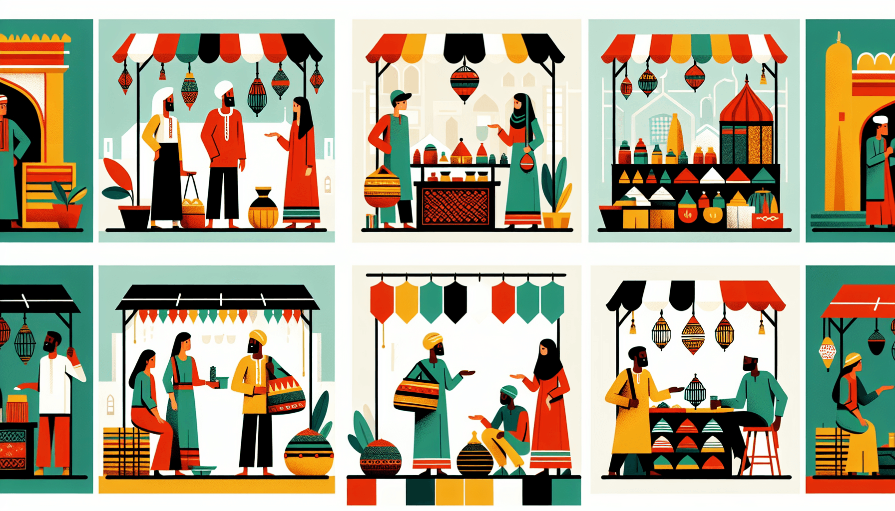 Trading post in flat illustration style and white background, red #f47574, green #88c7a8, yellow #fcc44b, and blue #645bc8 colors.
