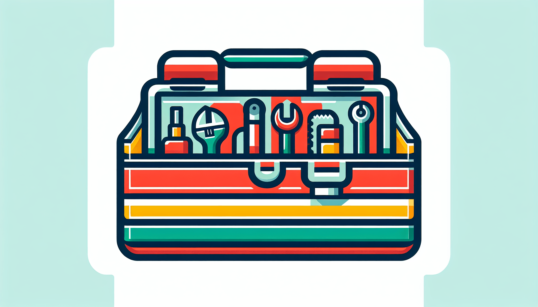 Toolbox in flat illustration style and white background, red #f47574, green #88c7a8, yellow #fcc44b, and blue #645bc8 colors.