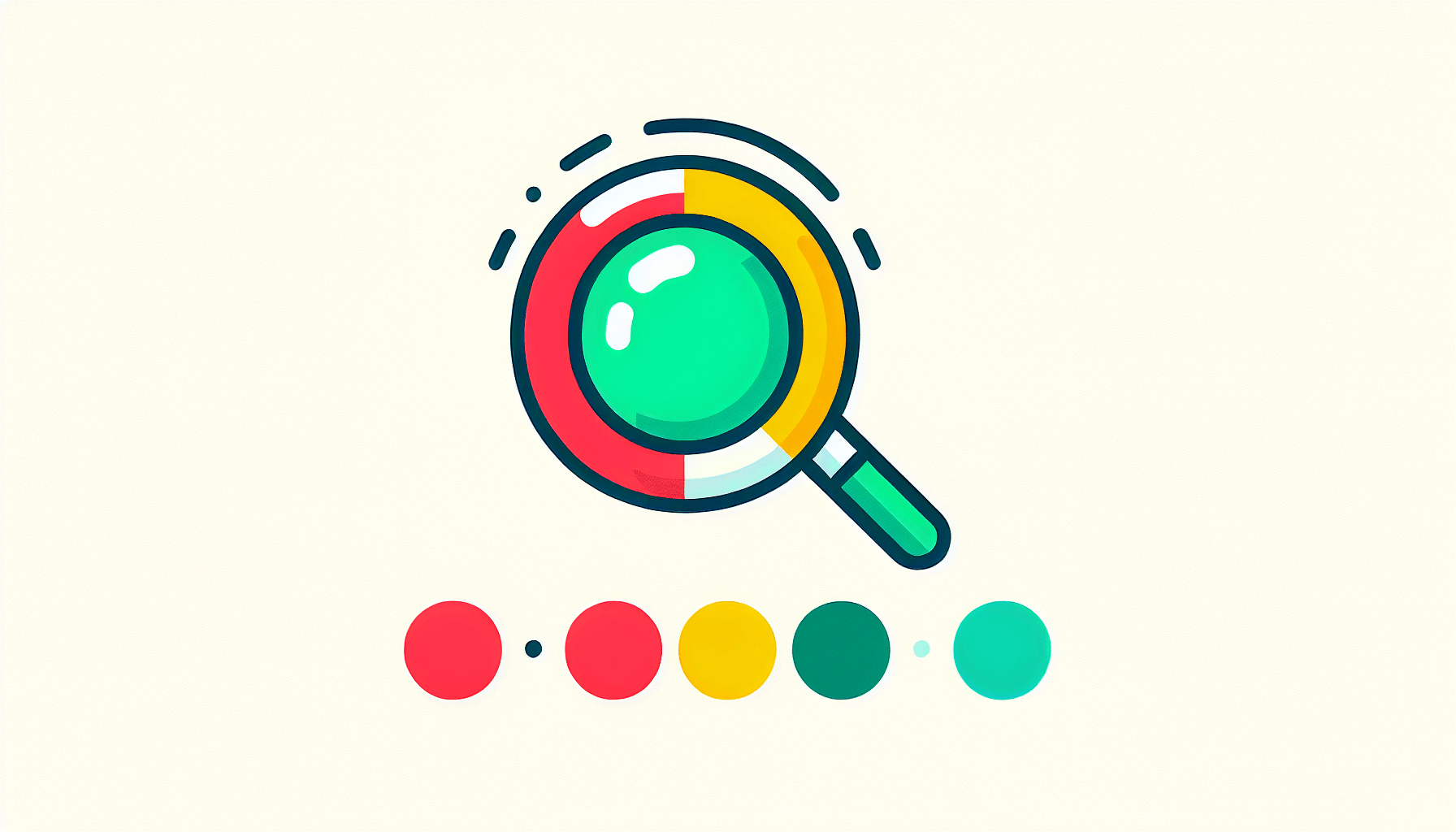 Magnifying glass in flat illustration style and white background, red #f47574, green #88c7a8, yellow #fcc44b, and blue #645bc8 colors.