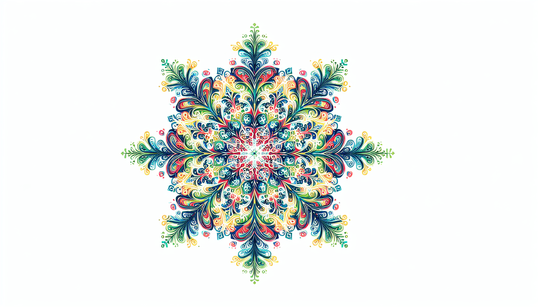 Snowflake in flat illustration style and white background, red #f47574, green #88c7a8, yellow #fcc44b, and blue #645bc8 colors.