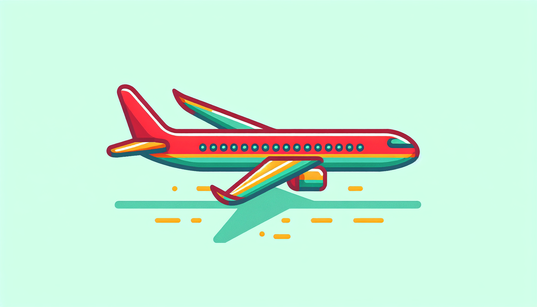 Airplane in flat illustration style and white background, red #f47574, green #88c7a8, yellow #fcc44b, and blue #645bc8 colors.