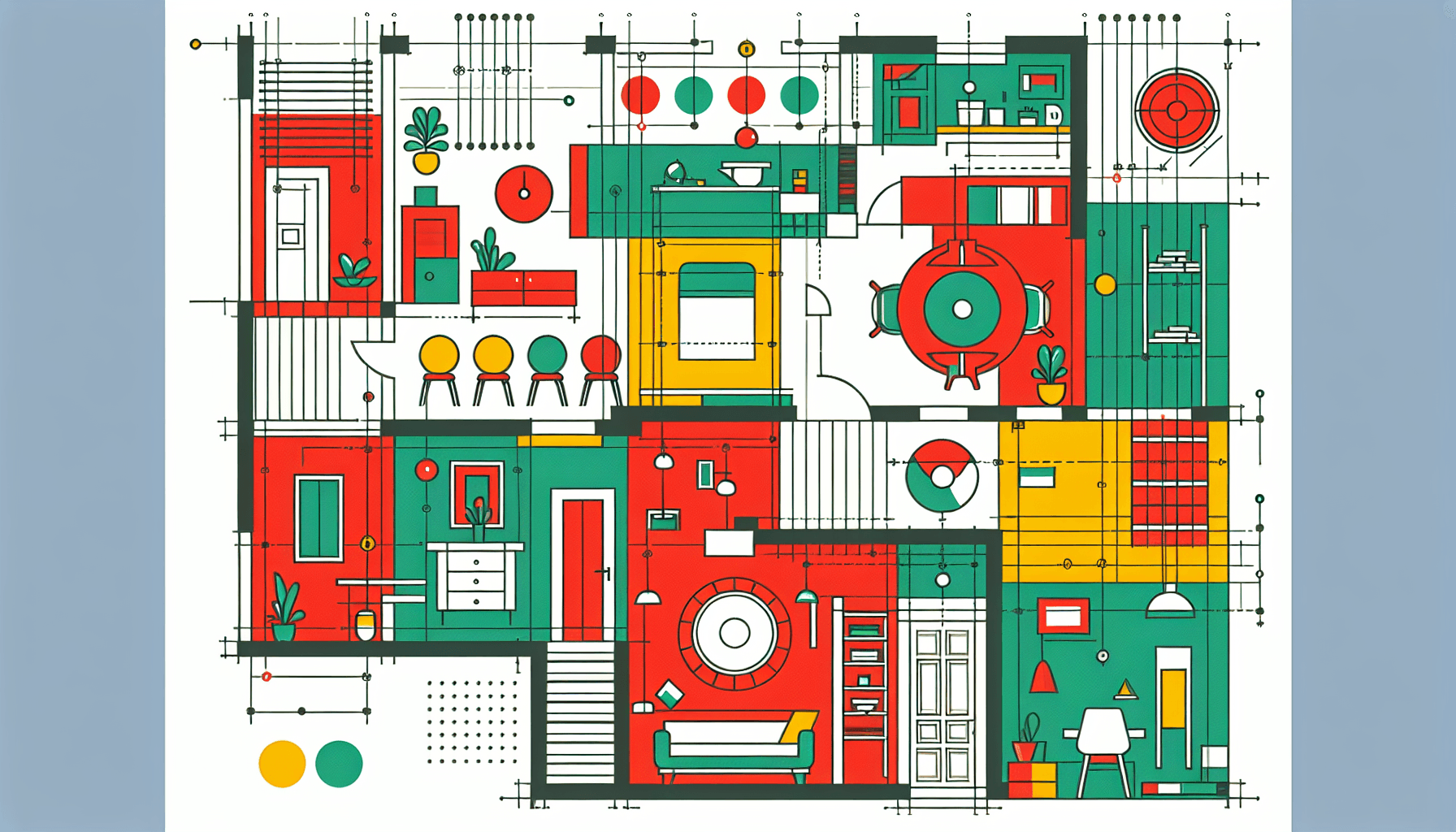 Blueprint in flat illustration style and white background, red #f47574, green #88c7a8, yellow #fcc44b, and blue #645bc8 colors.