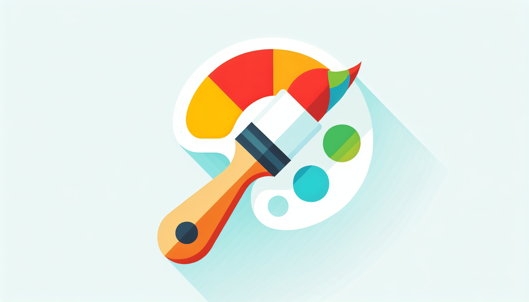 Paintbrush in flat illustration style and white background, red #f47574, green #88c7a8, yellow #fcc44b, and blue #645bc8 colors.